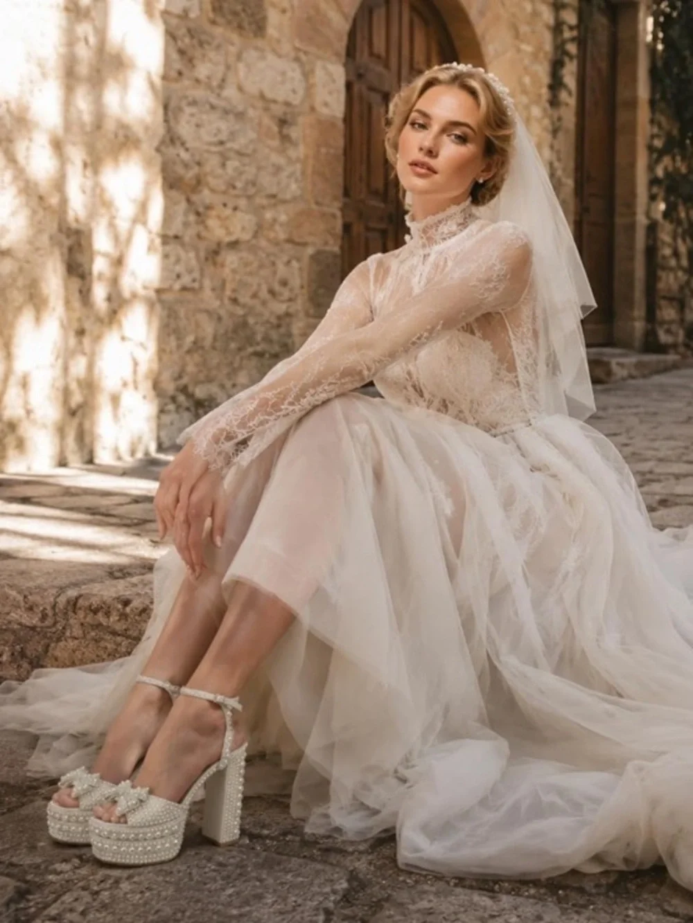 Pearl-Embellished White Platform Sandal with Ankle Strap